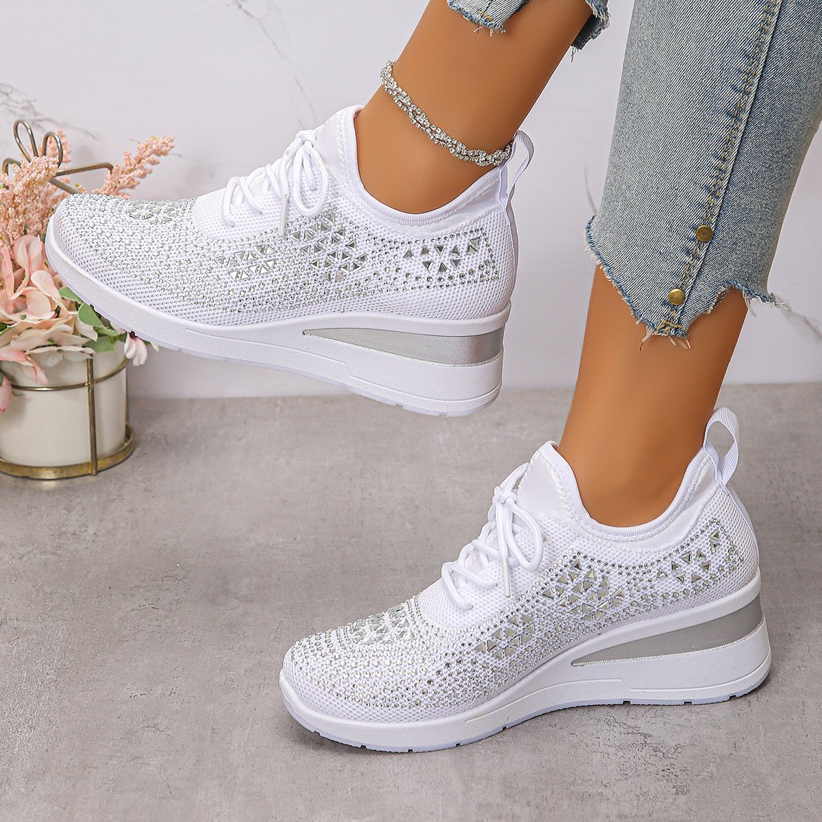 Ins Rhinestone Sneakers Fashion Lace Up Wedges Casual Shoes Women's Daily Commuting Sports Shoes - Image 2
