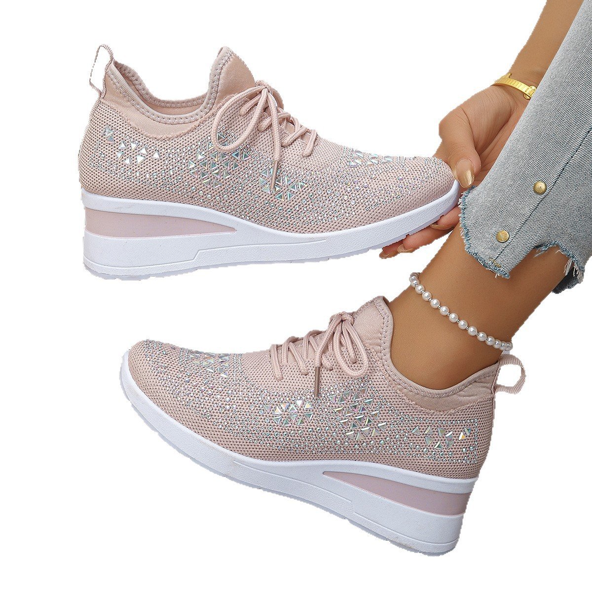 Ins Rhinestone Sneakers Fashion Lace Up Wedges Casual Shoes Women's Daily Commuting Sports Shoes - Image 9