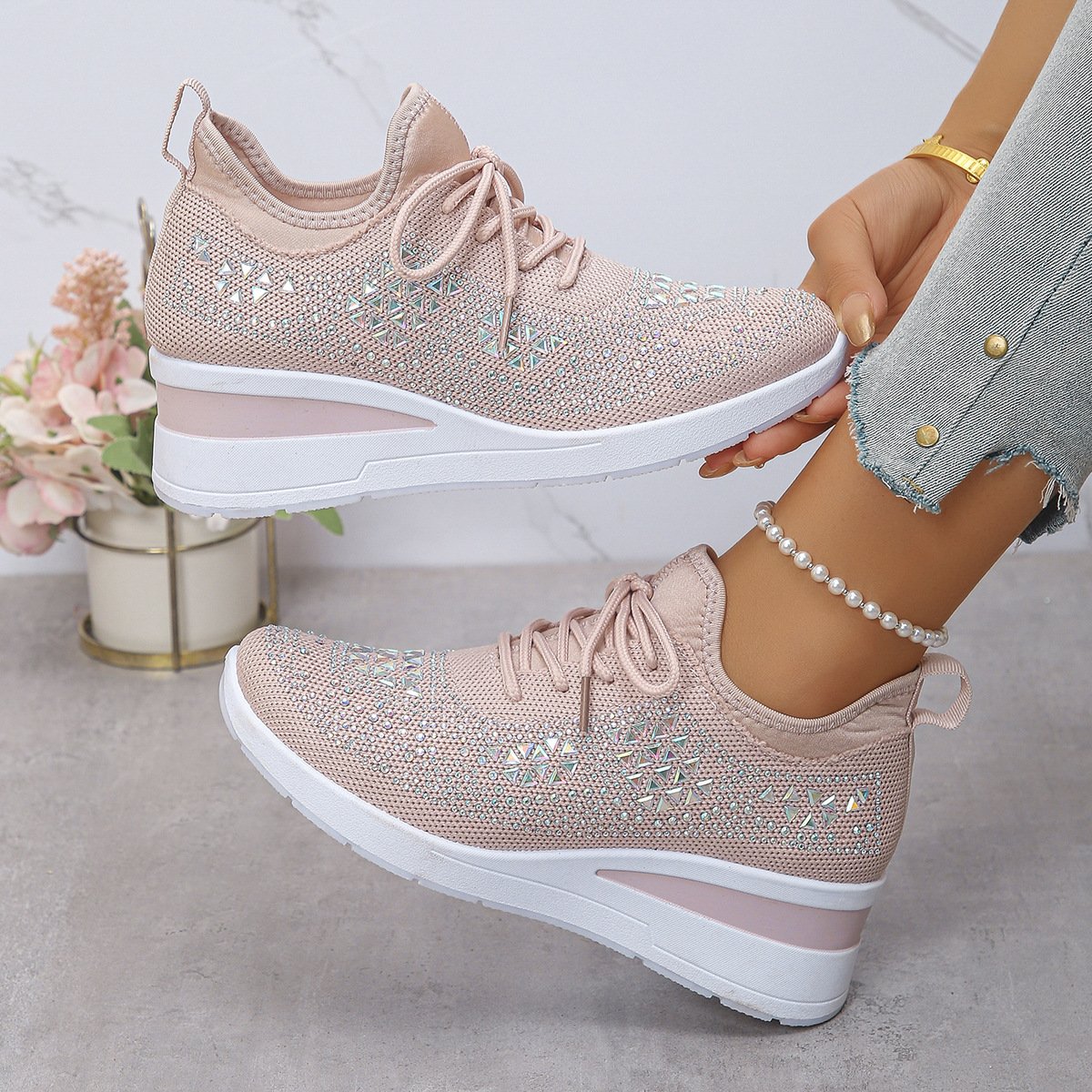 Ins Rhinestone Sneakers Fashion Lace Up Wedges Casual Shoes Women's Daily Commuting Sports Shoes - Image 8