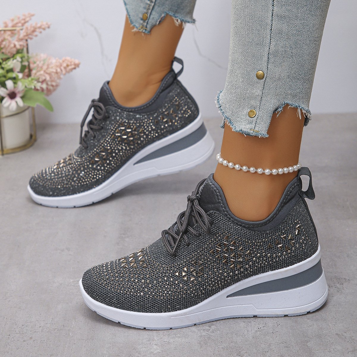 Ins Rhinestone Sneakers Fashion Lace Up Wedges Casual Shoes Women's Daily Commuting Sports Shoes - Image 5