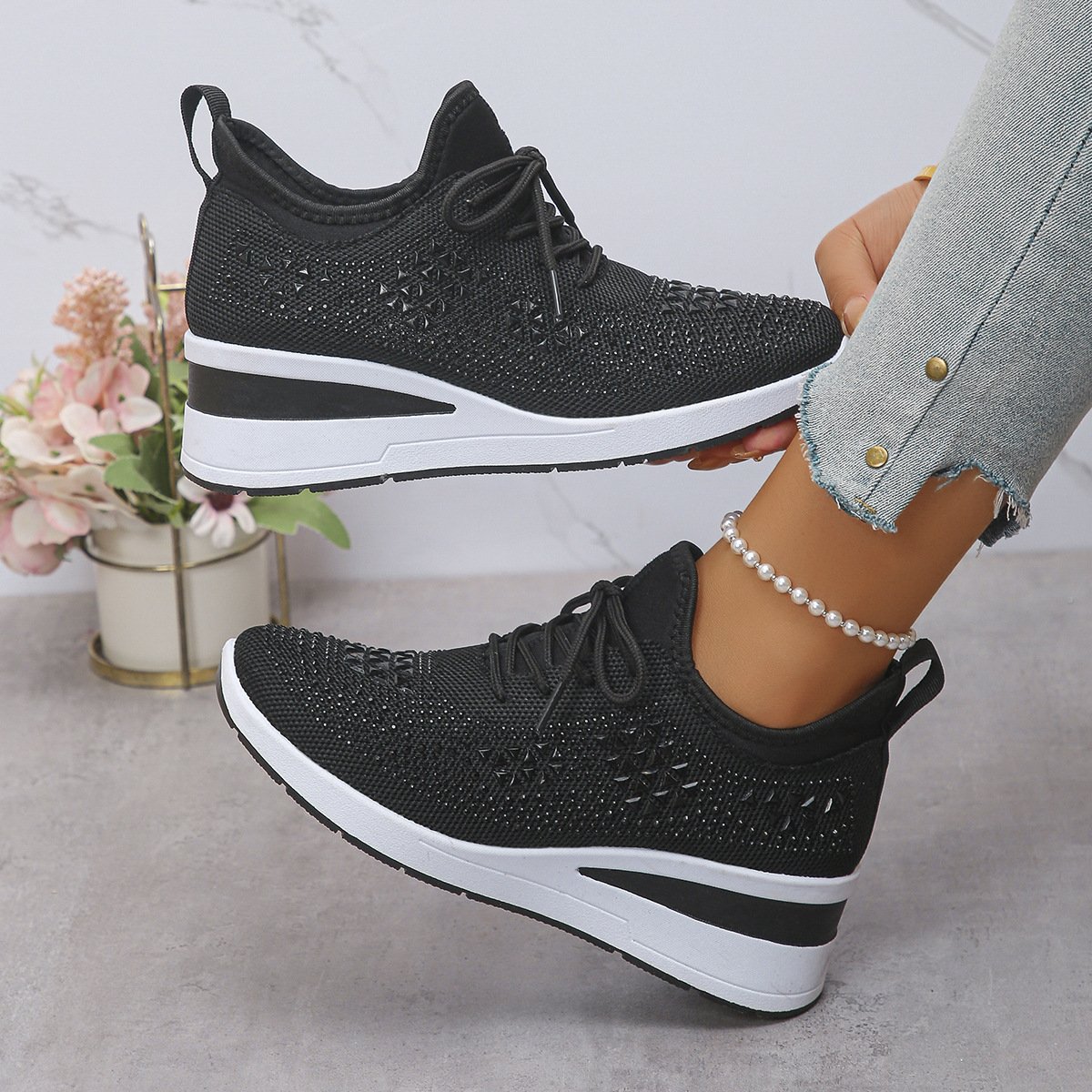 Ins Rhinestone Sneakers Fashion Lace Up Wedges Casual Shoes Women's Daily Commuting Sports Shoes - Image 10