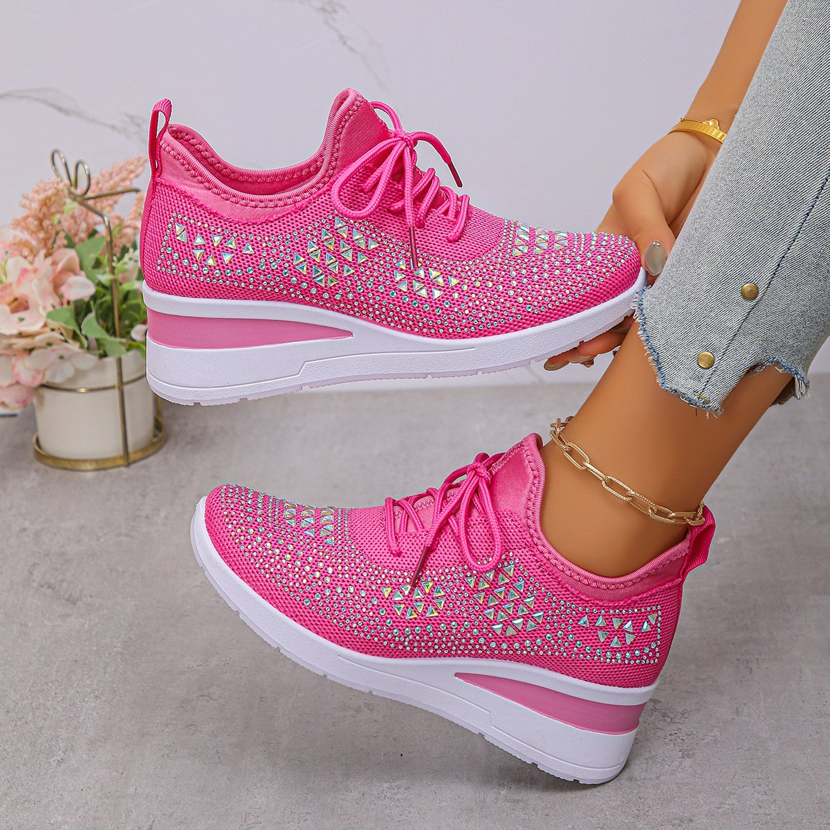 Ins Rhinestone Sneakers Fashion Lace Up Wedges Casual Shoes Women's Daily Commuting Sports Shoes - Image 4