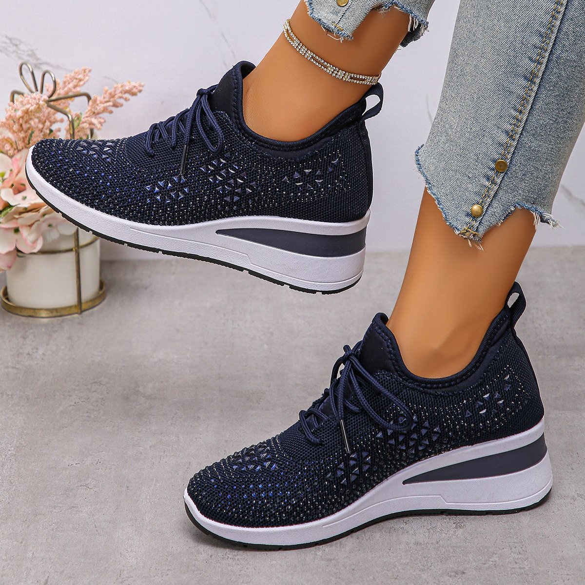 Ins Rhinestone Sneakers Fashion Lace Up Wedges Casual Shoes Women's Daily Commuting Sports Shoes - Image 6